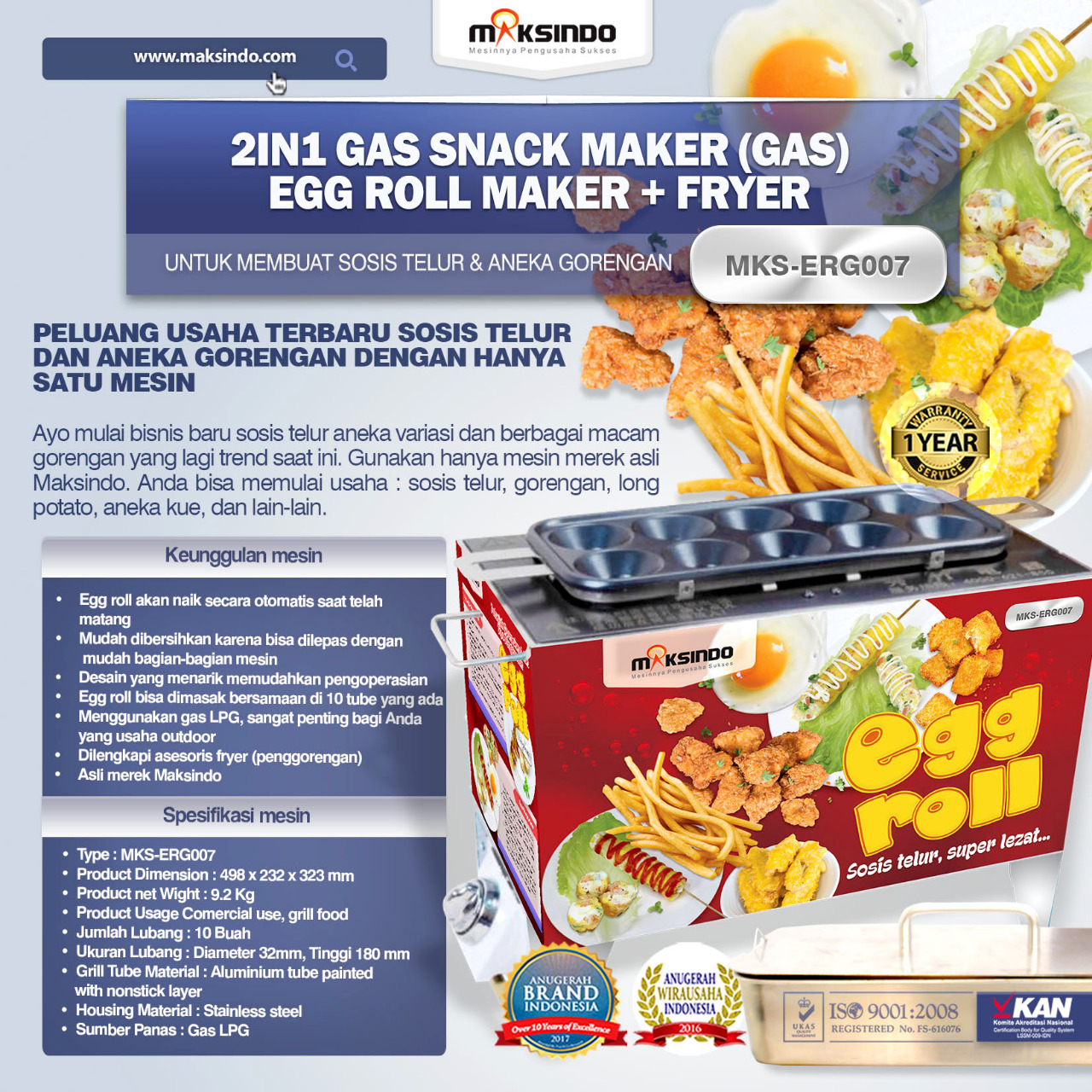 Jual Mesin Egg Roll Gas 2in1 Plus Fryer ERG007 Maksindo di Banjarmasin