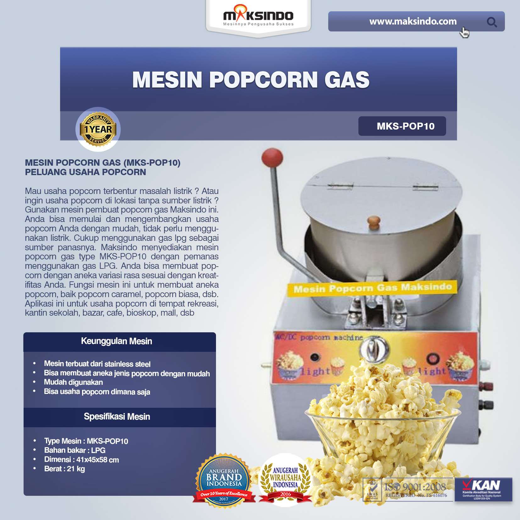 Jual Mesin Popcorn Gas (MKS-POP10) di Banjarmasin