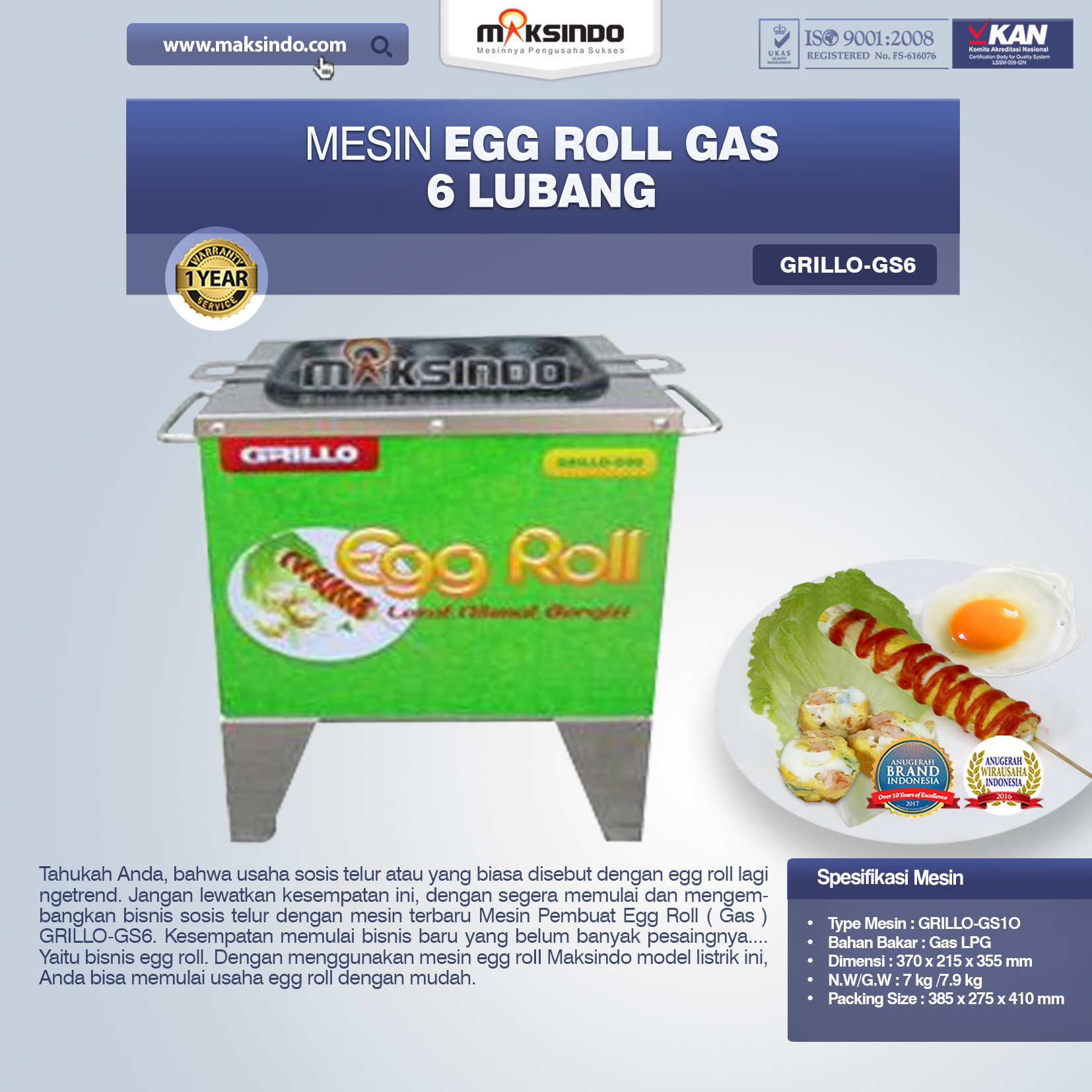 Jual Mesin Egg Roll Gas 6 Lubang GRILLO-GS6 di Banjarmasin