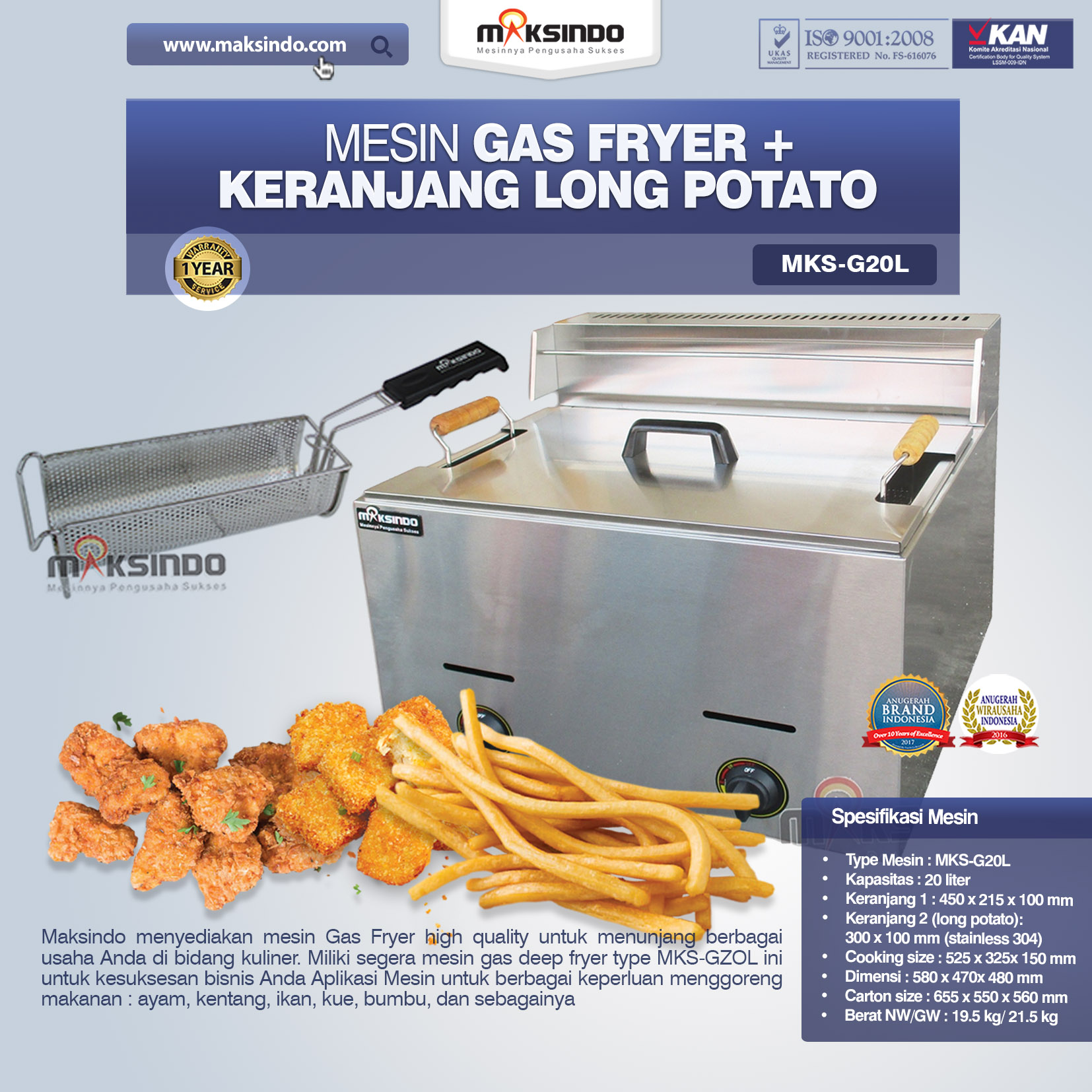 Jual Mesin Gas Fryer MKS-G20L + Keranjang di Banjarmasin