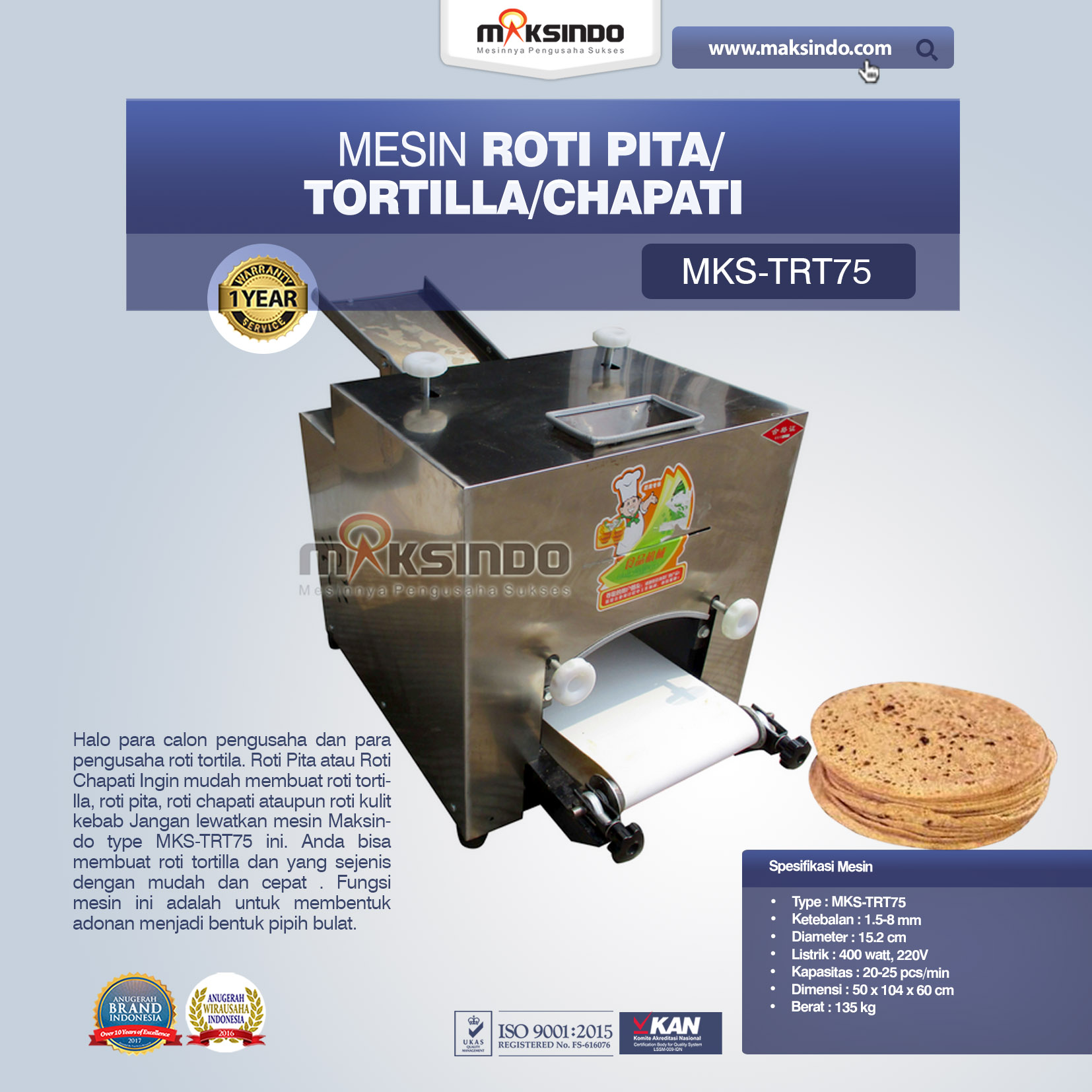Jaul Mesin Roti Pita/Tortilla/Chapati MKS-TRT75 Di Banjarmasin