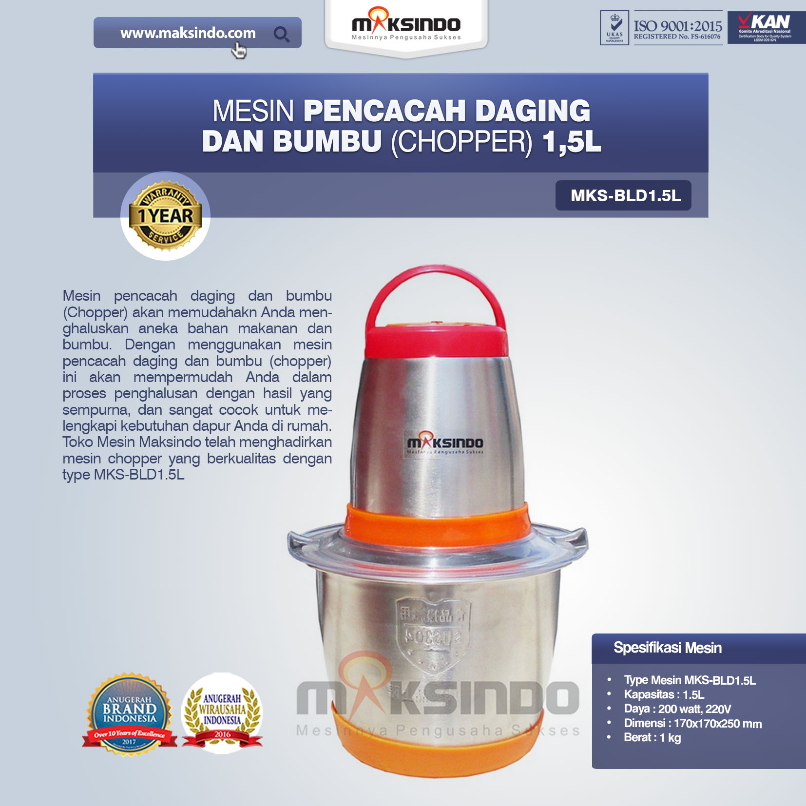 Jual Mesin Pencacah Daging Dan Bumbu (Chopper) MKS-BLD1.5L di Banjarmasin