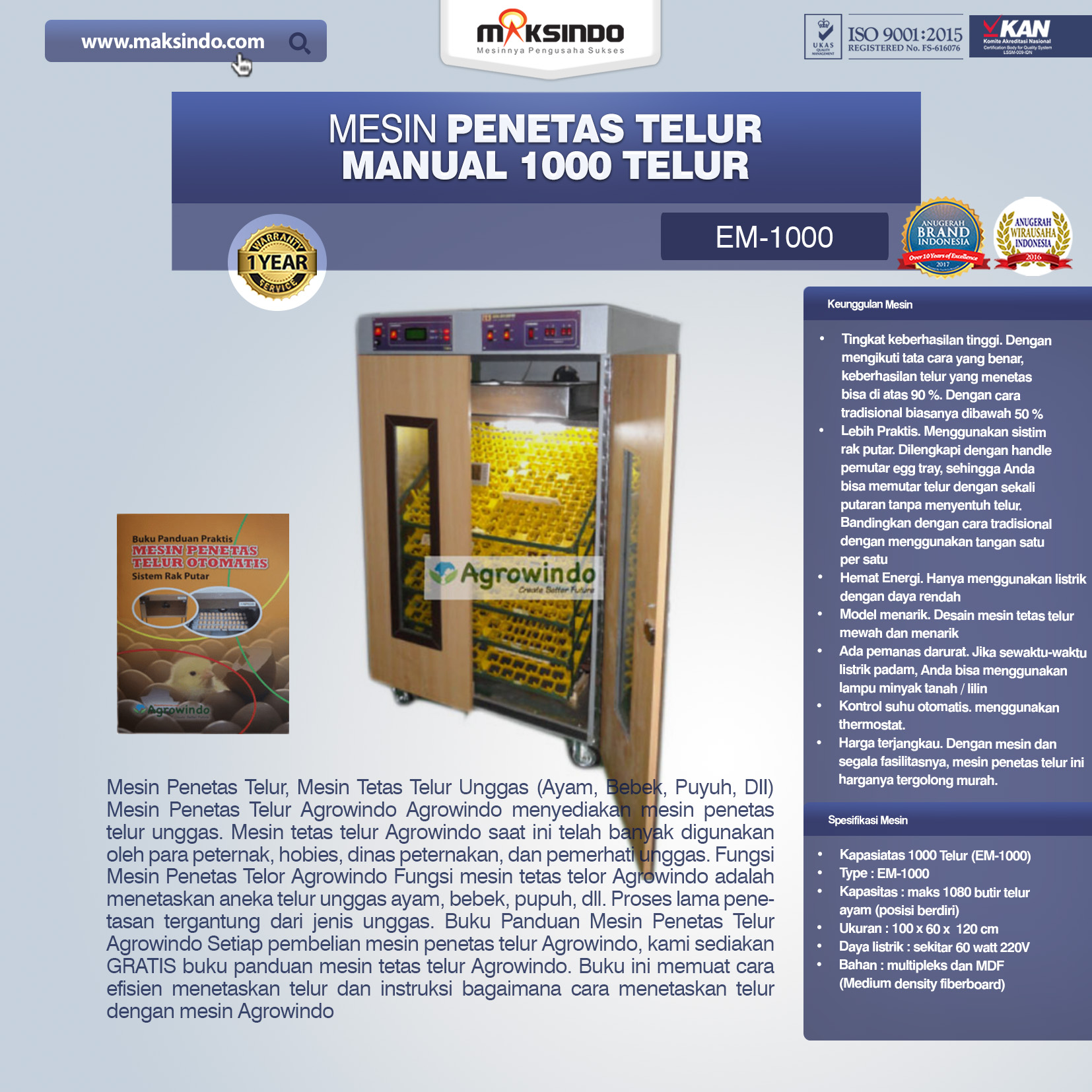 Jual Mesin Penetas Telur Manual 1000 Telur (EM-1000) di Banjarmasin