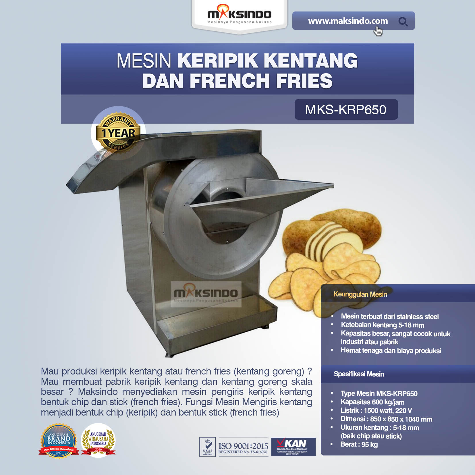 Jual Mesin Keripik Kentang dan French Fries KRP650 di Banjarmasin