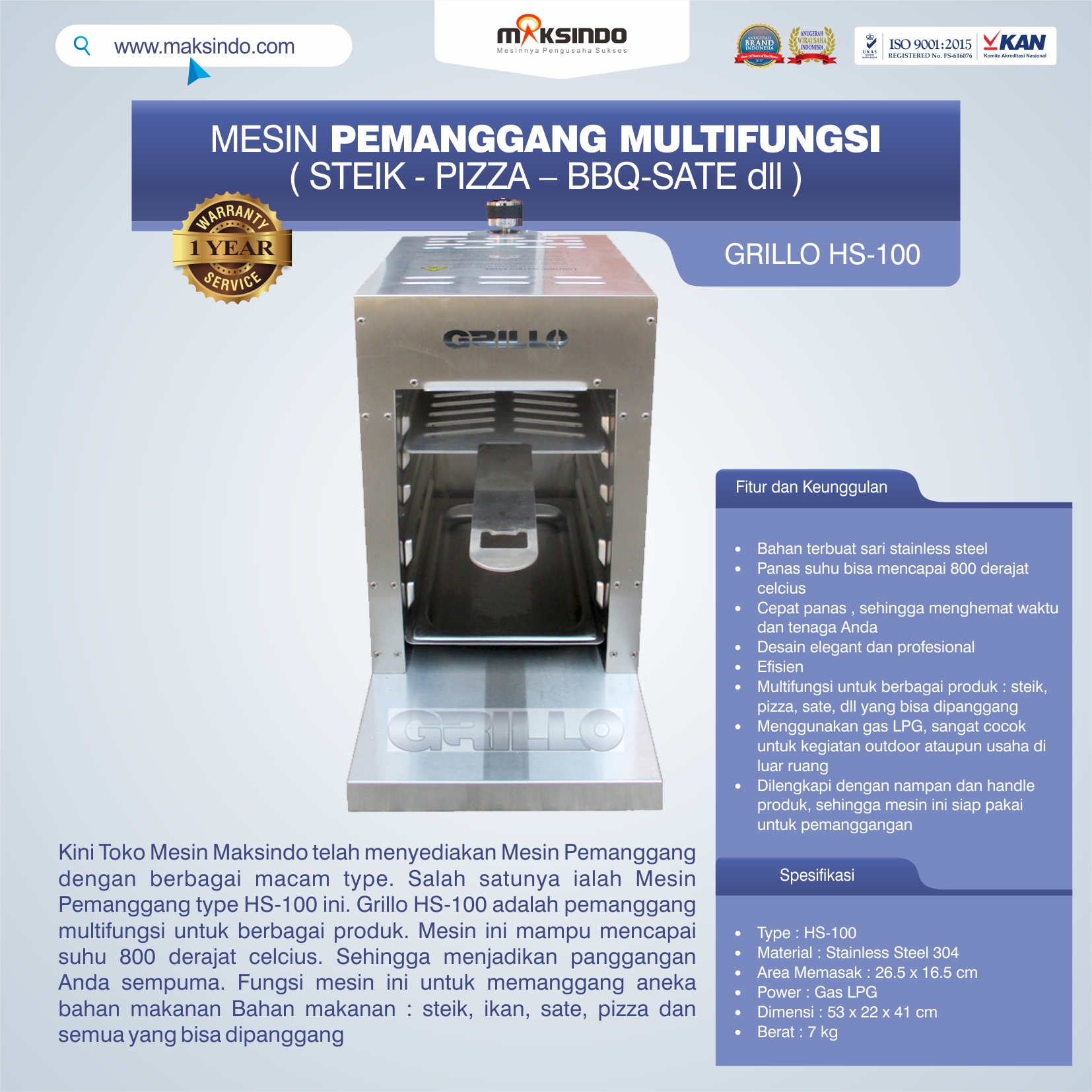 Jual Mesin Pemanggang Steik – Pizza (GRILLO  HS-100) di Banjarmasin