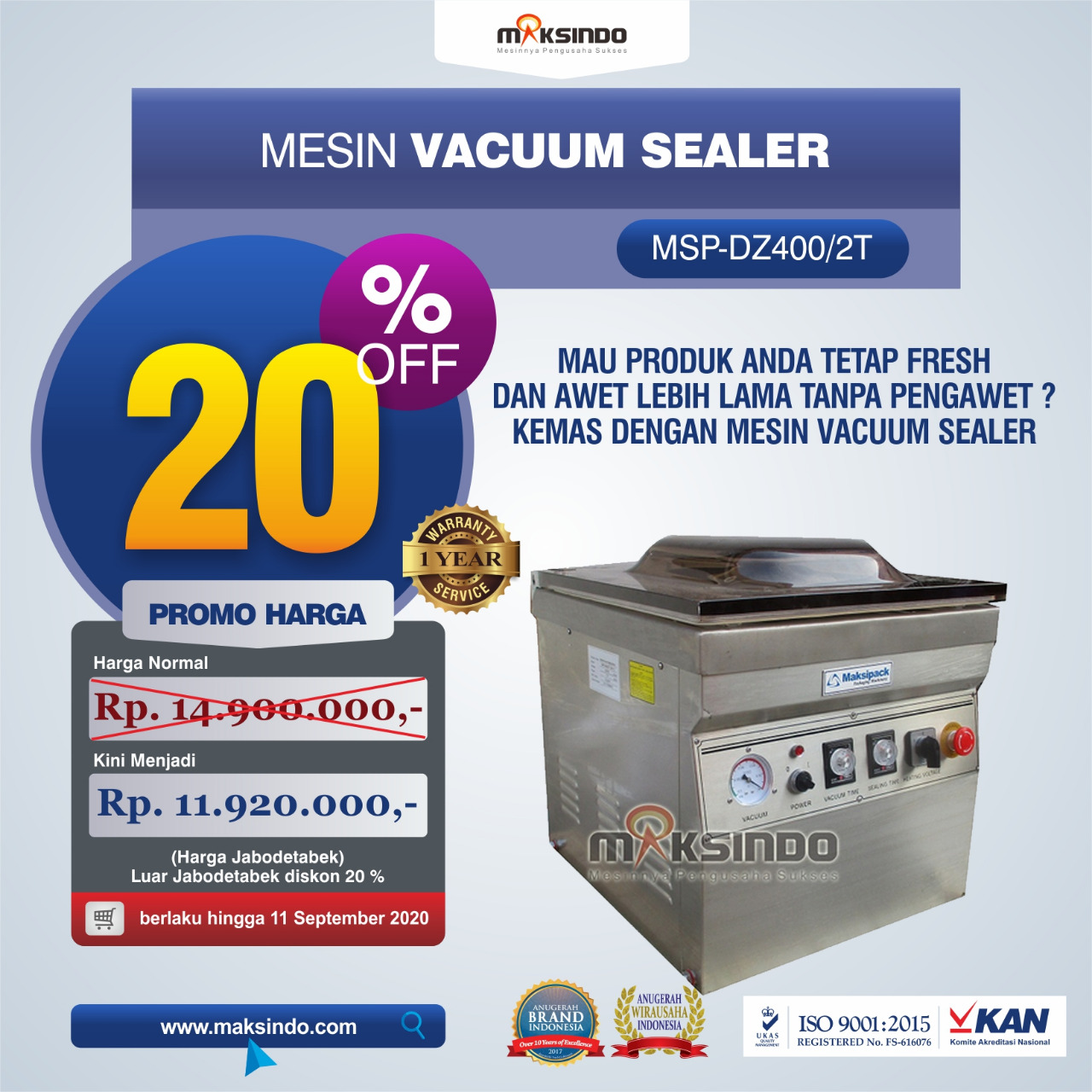 Jual Vacuum Sealer Double Seal MSP-DZ400/2T di Banjarmasin
