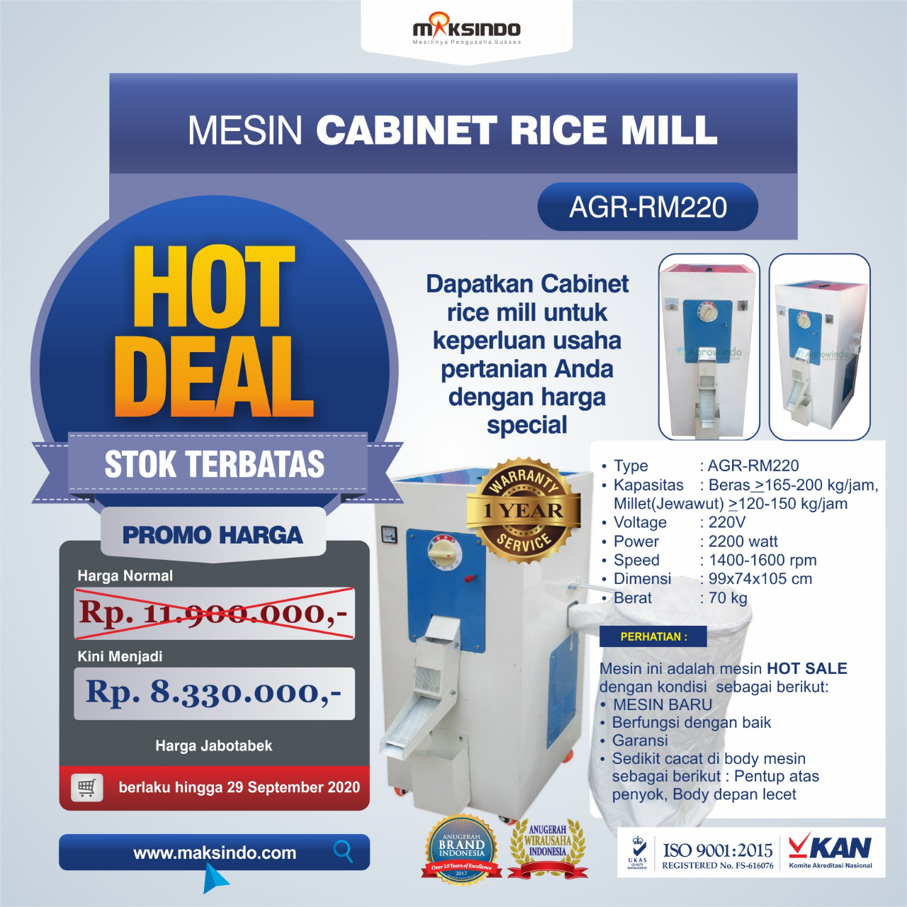 Jual Mesin Cabinet Rice Mill AGR-RM220 Banjarmasin