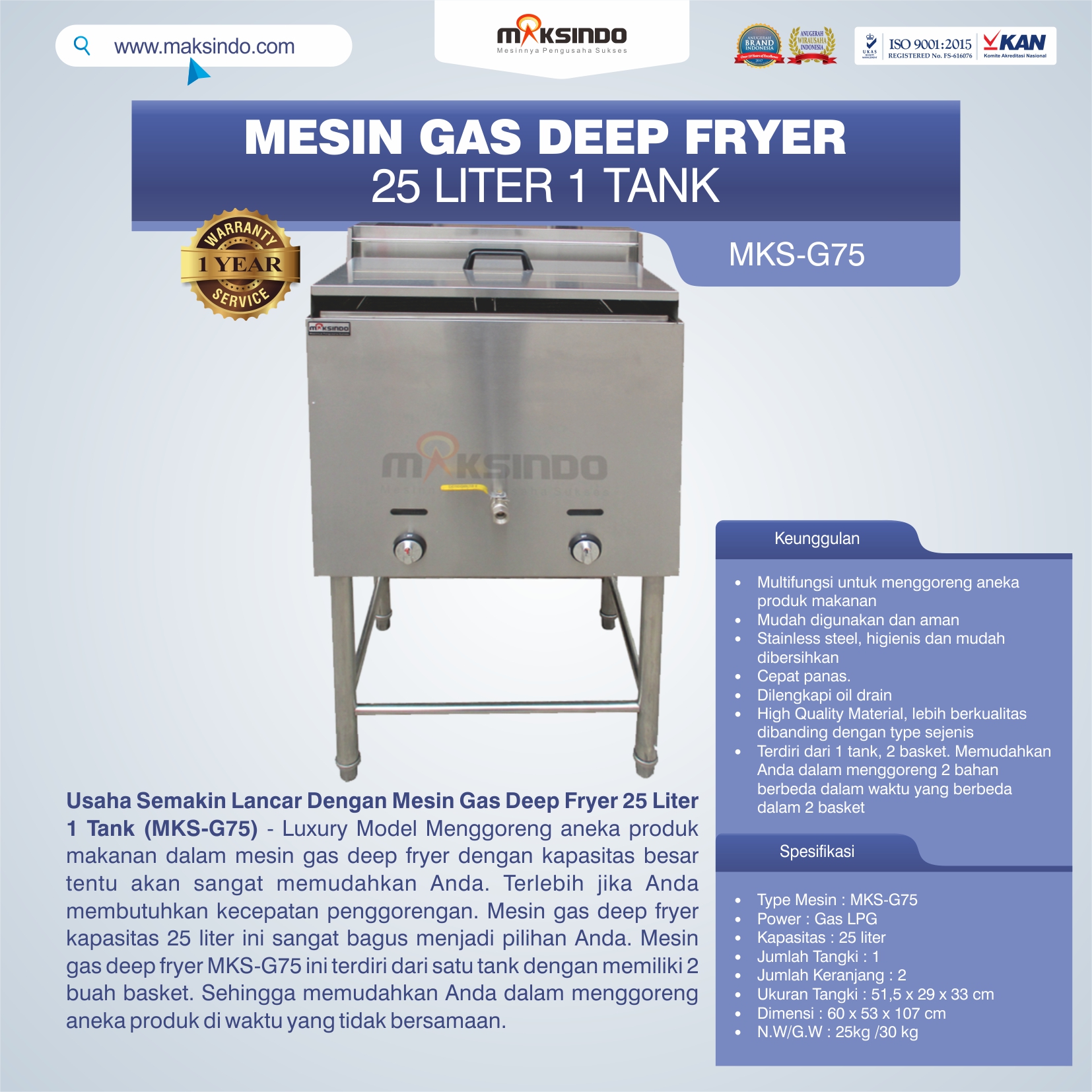 Jual Gas Deep Fryer 25 Liter 1 Tank (G75) di Banjarmasin